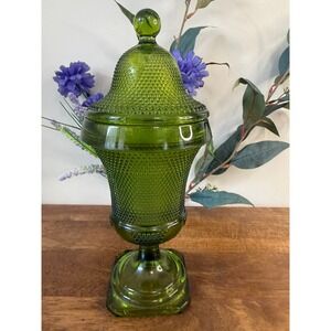 Vintage Empoli Green Hobnail Apothecary Jar‎ Pedestal Candy Dish Art Glass